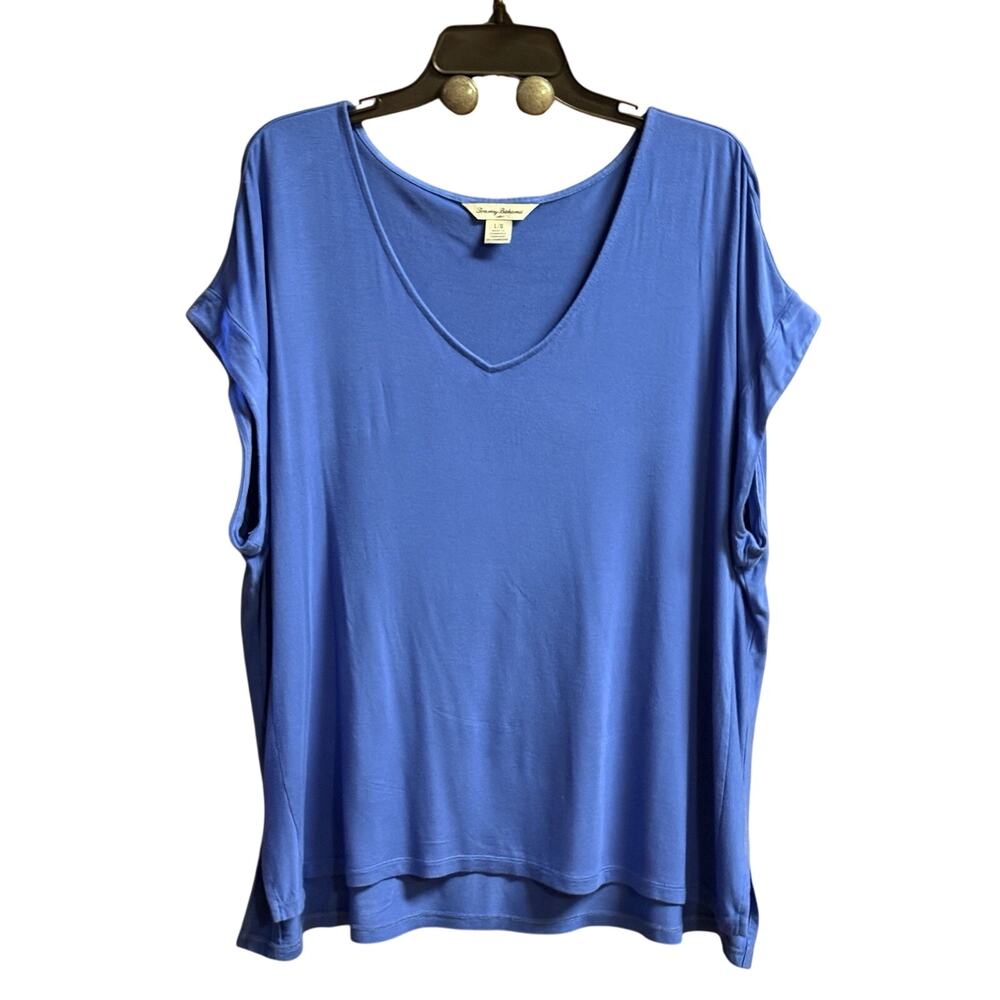 Tommy Bahama Womens T Shirt Large Blue V Neckline Hi-Low Short Sleeve